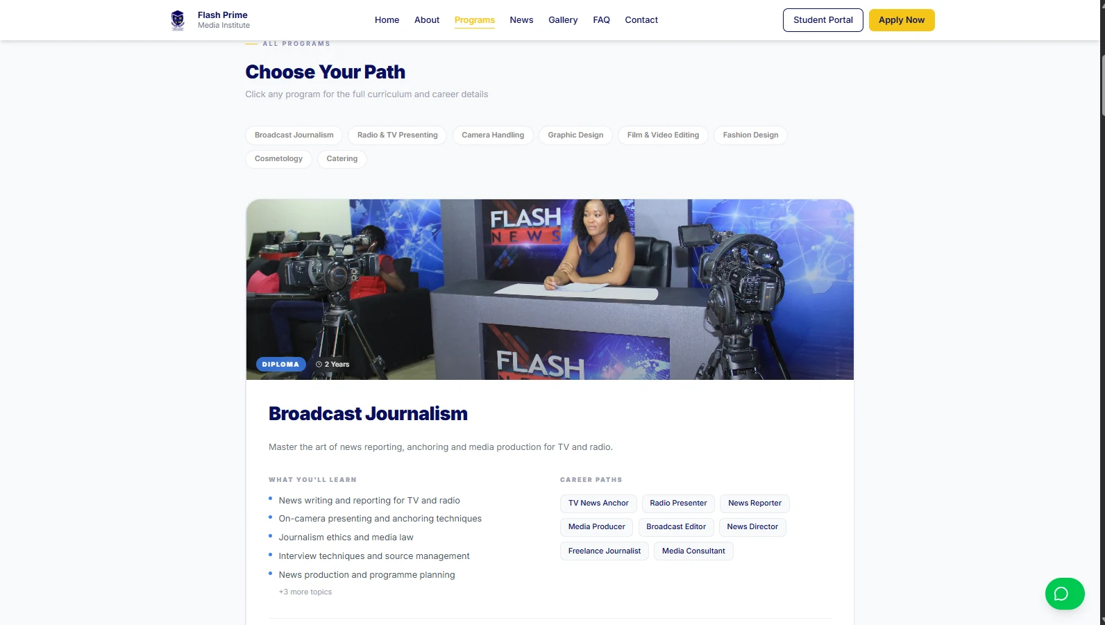 FPMI programs page showing the Broadcast Journalism curriculum