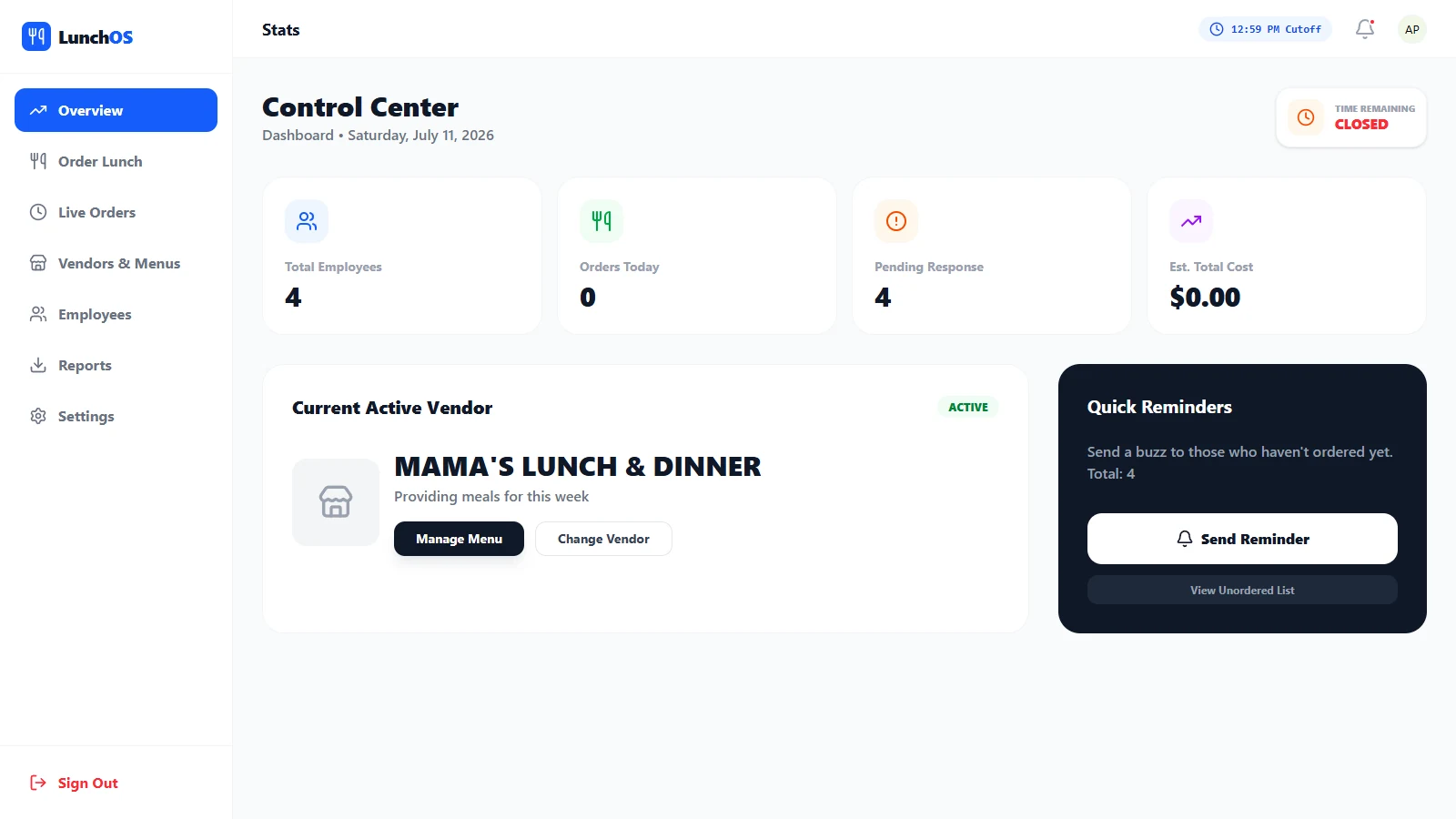 LunchOS admin control center dashboard