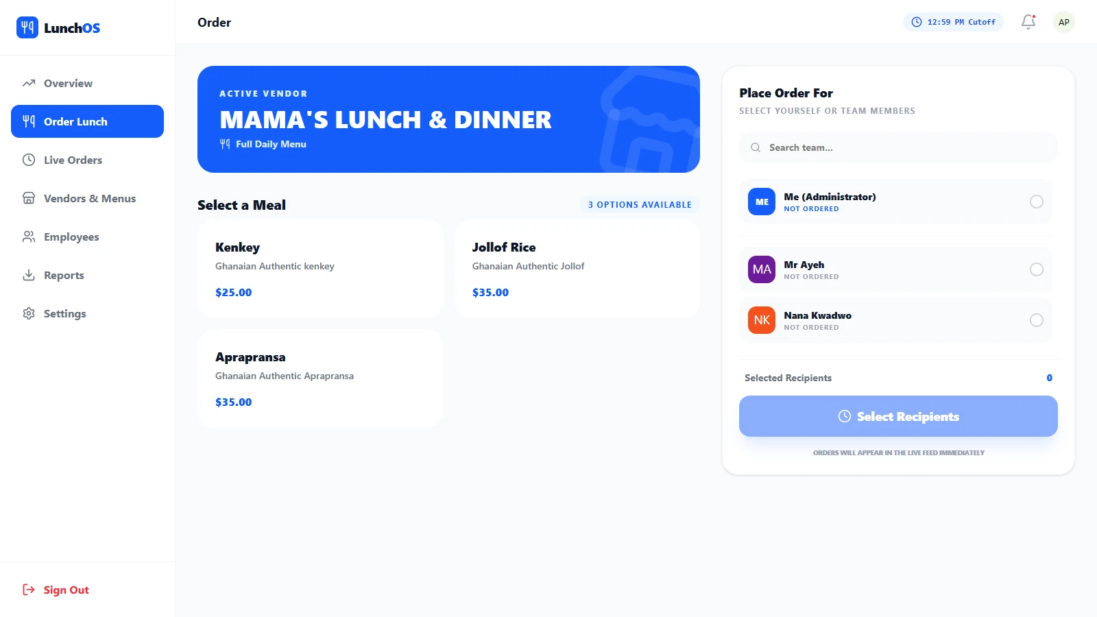 LunchOS employee ordering screen