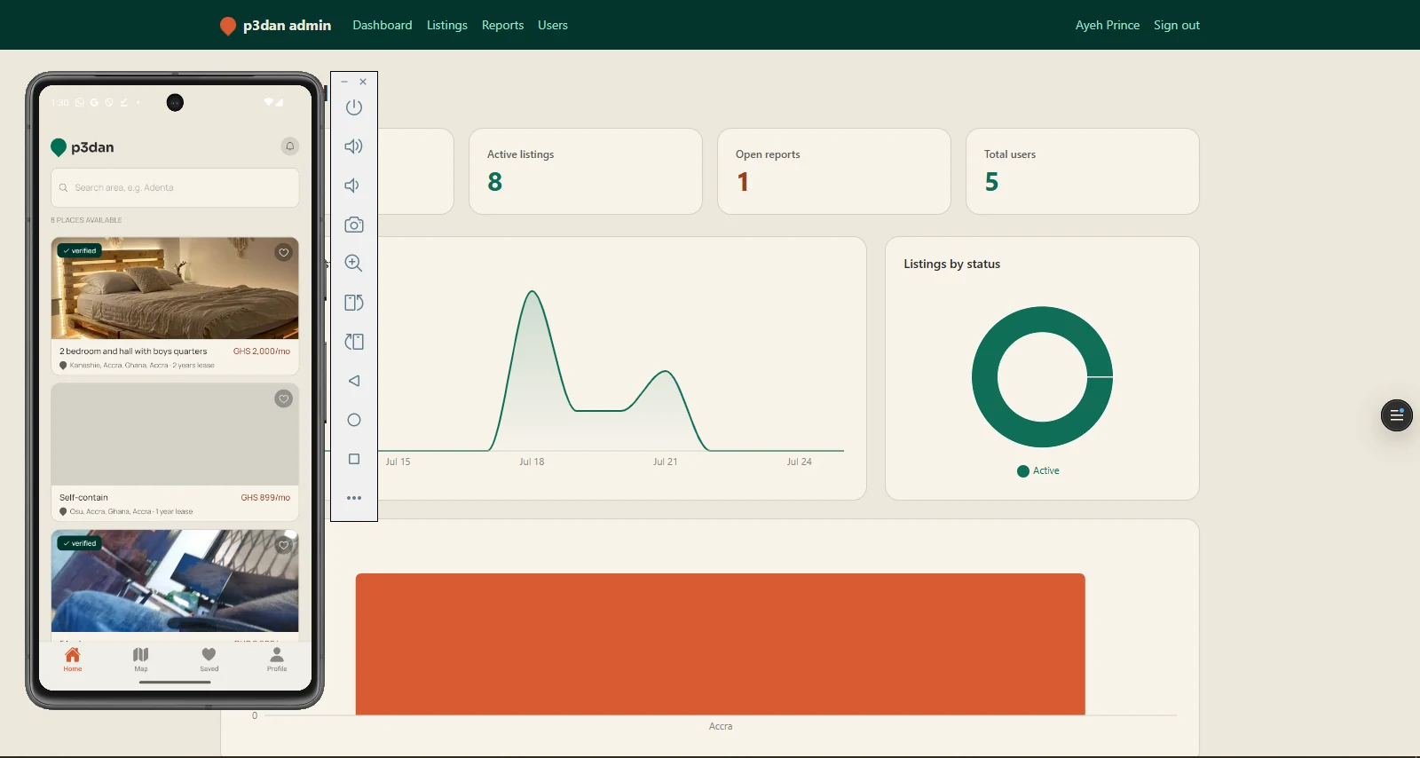 p3dan admin dashboard with mobile home screen