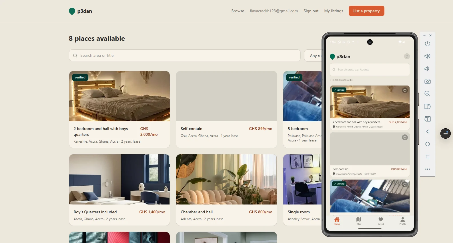 p3dan listings browse page with mobile listings view