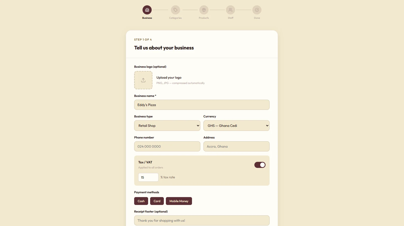 PrimePOS business onboarding wizard